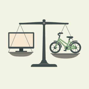 Die Illustration zeigt eine Waage. Auf der einen Waagschale befindet sich ein Bildschirm, auf der anderen ein Fahrrad.